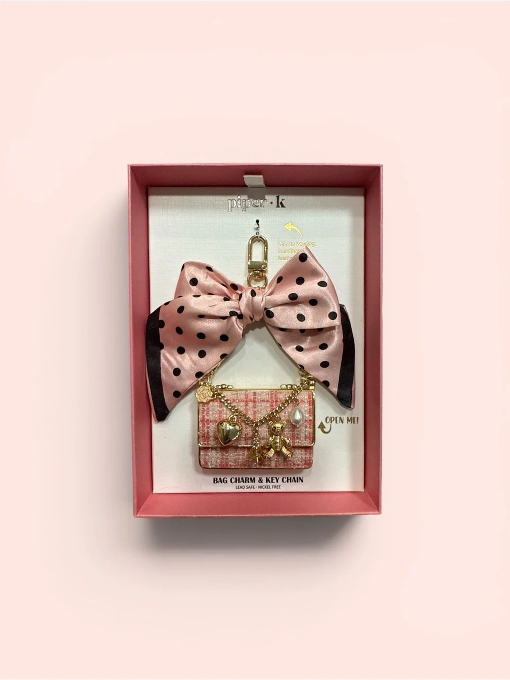 Piper K Pink Polka Dot Bow and Purse Bag Charm